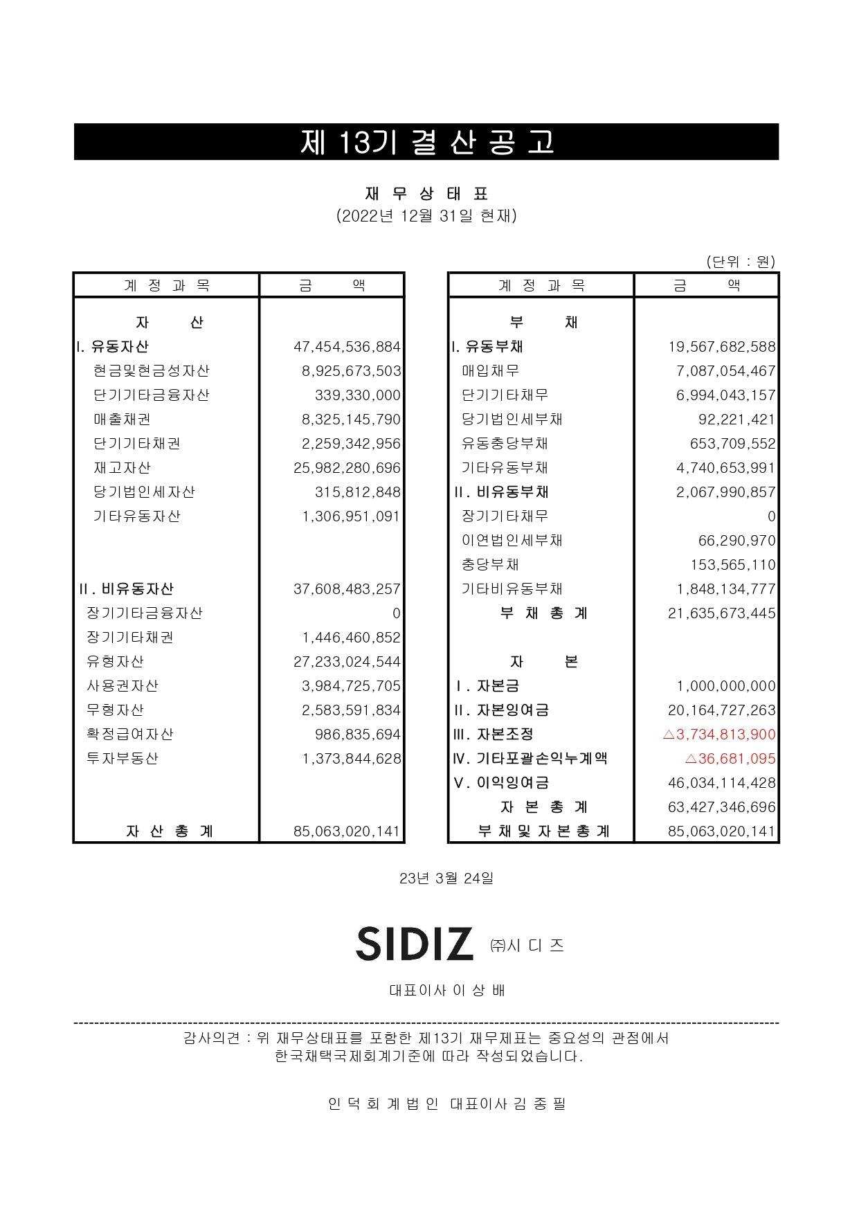 제13기 결산공고 - SIDIZ