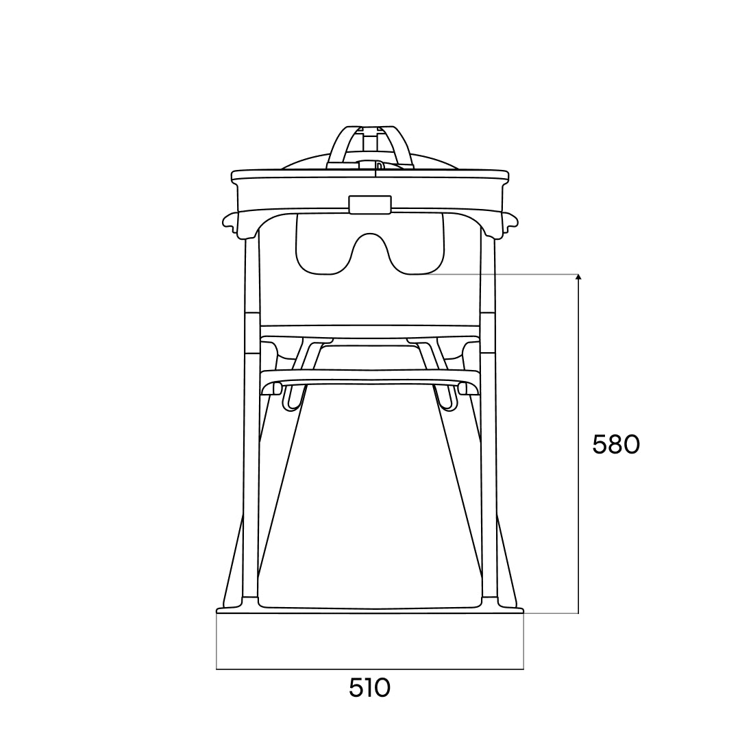 Dimension drawing of the MOLTI high chair with inner seat, front elevation