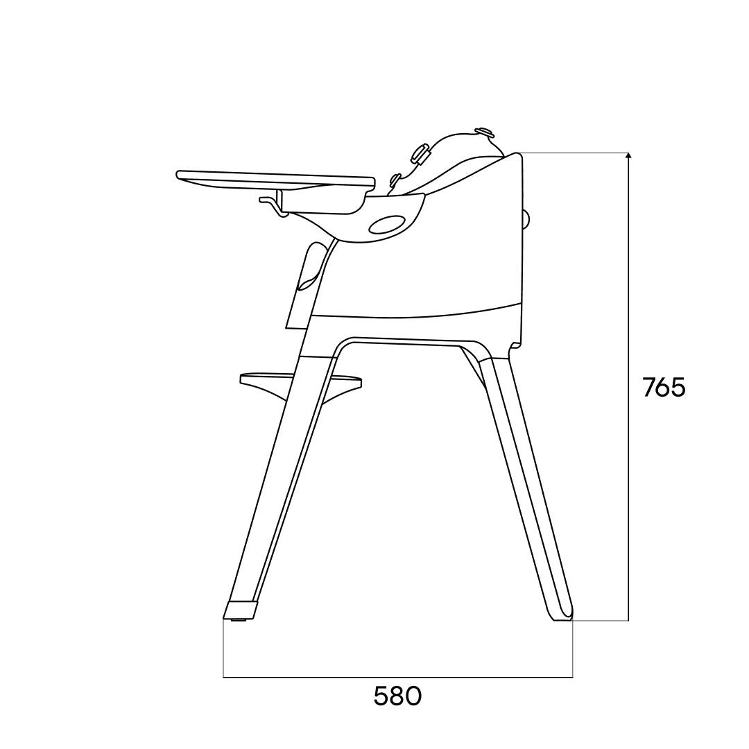 Dimension drawing of the MOLTI high chair with inner seat, side elevation