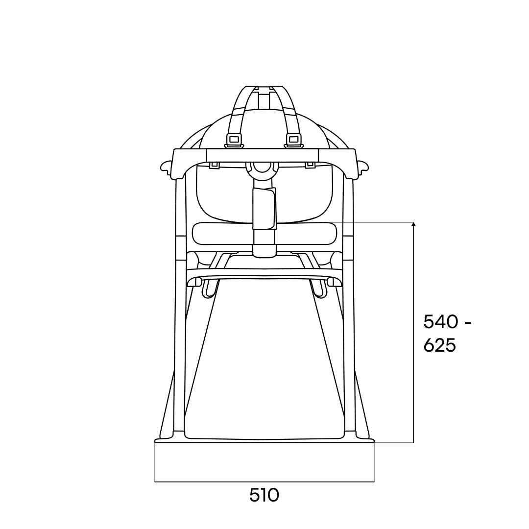 Dimension drawing of the MOLTI high chair, front elevation