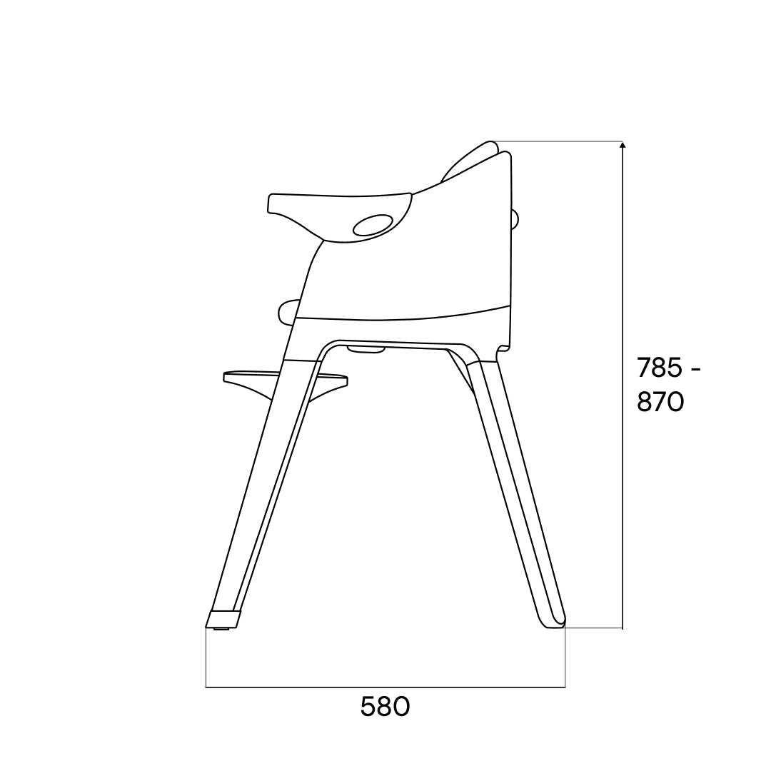 Dimension drawing of the MOLTI high chair, side elevation